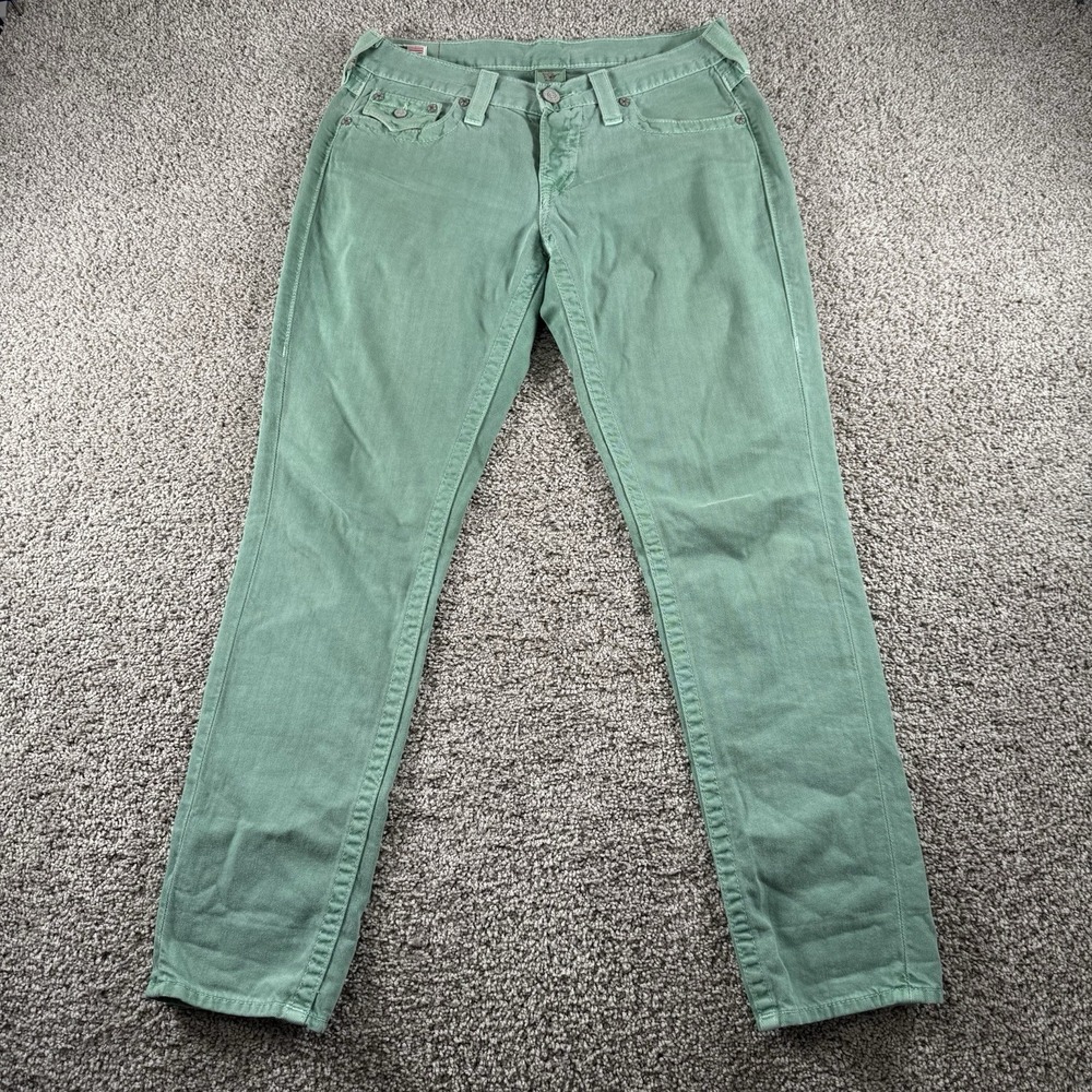True Religion Jeans Womens 28 Green Denim Button Fly Cameron Casual Designer USA